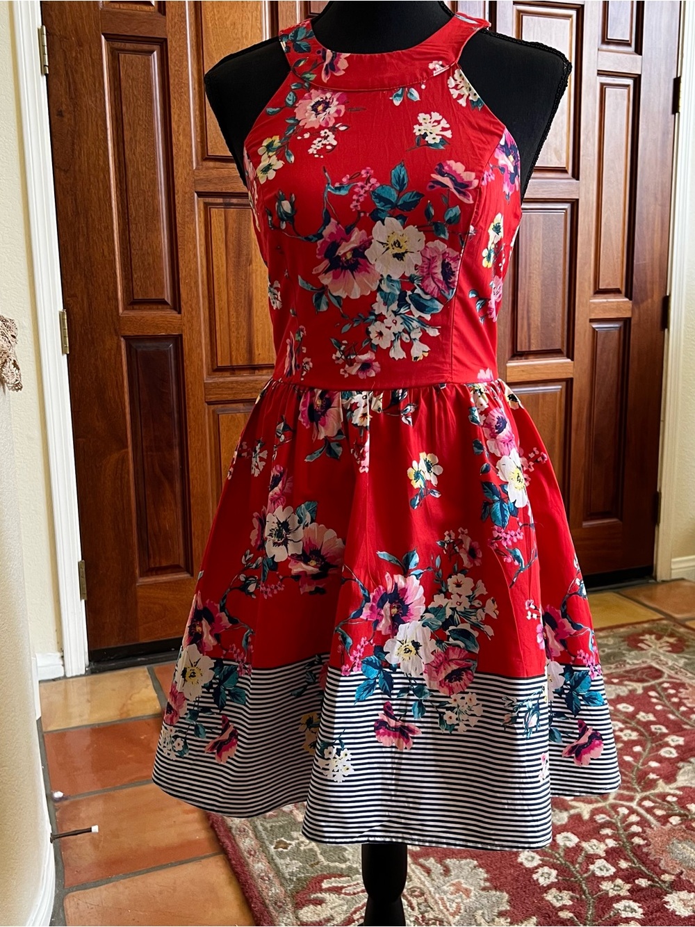 AUW Red Floral A-Line Retro Inspired Short Skater Dress with Open Lace-up Back
